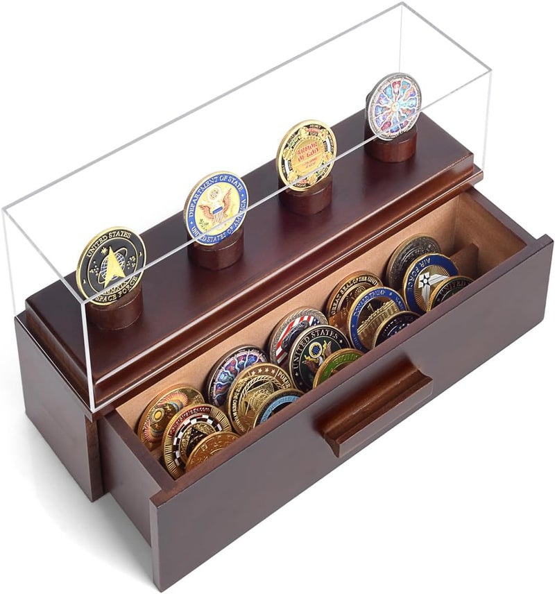 ULTRGEE Challenge Coin Display Case, Military Coin Collection Holder with Wooden Coin Box, Drawers, and Clear Acrylic Lid – Gifts for Coins Collectors (4 Pillars) - Image 1